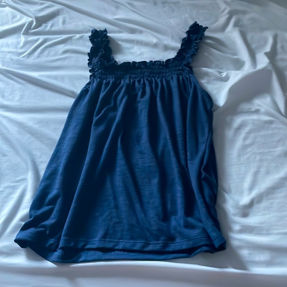 Ruffled Navy Blue Sleeveless Top with Smocked Detail - Women’s Size S/M